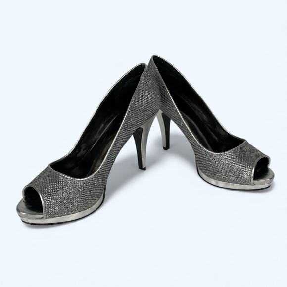 Nine West Danee Peep Toe Pumps Platform High Heels 7.5M Silver Glitter - Picture 4 of 9